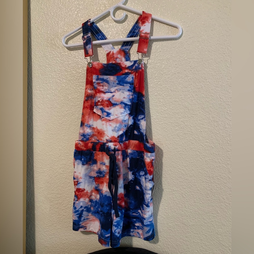 Red, white, and blue shorts overalls